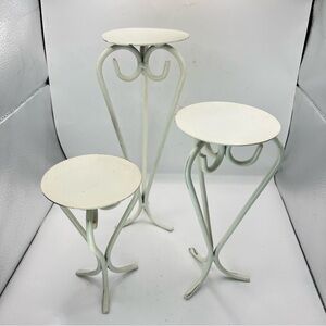 3 Pier 1 Candle Pillar Holders White Weathered Iron Metal Shabby Chic Vintage